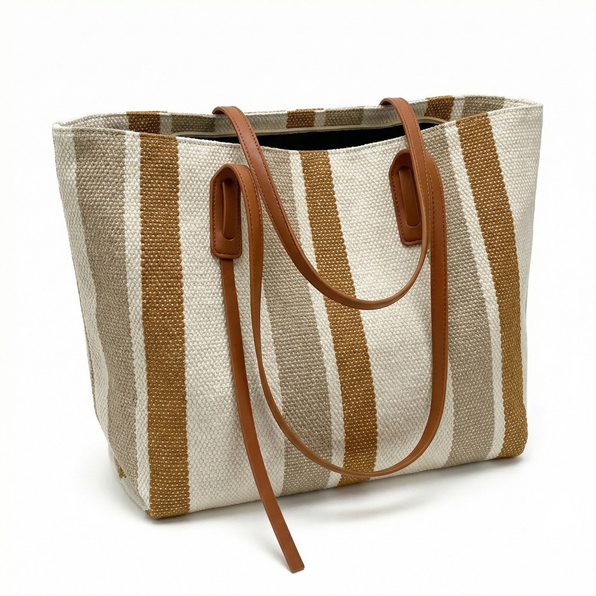 Anna-Kaci Women's Striped Canvas Tote Bag Dual Shoulder Straps Structured Open Top Design