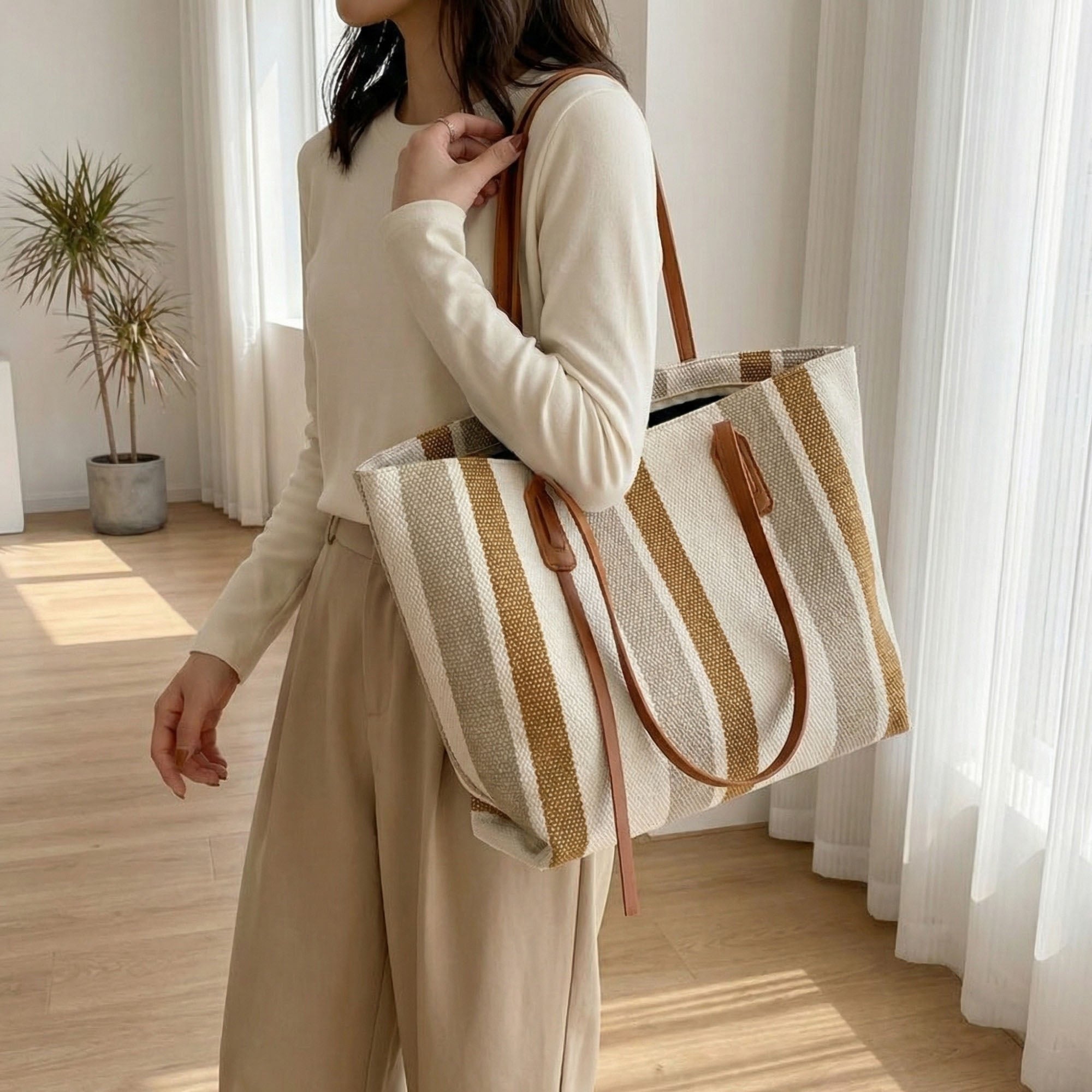 Anna-Kaci Women's Striped Canvas Tote Bag Dual Shoulder Straps Structured Open Top Design