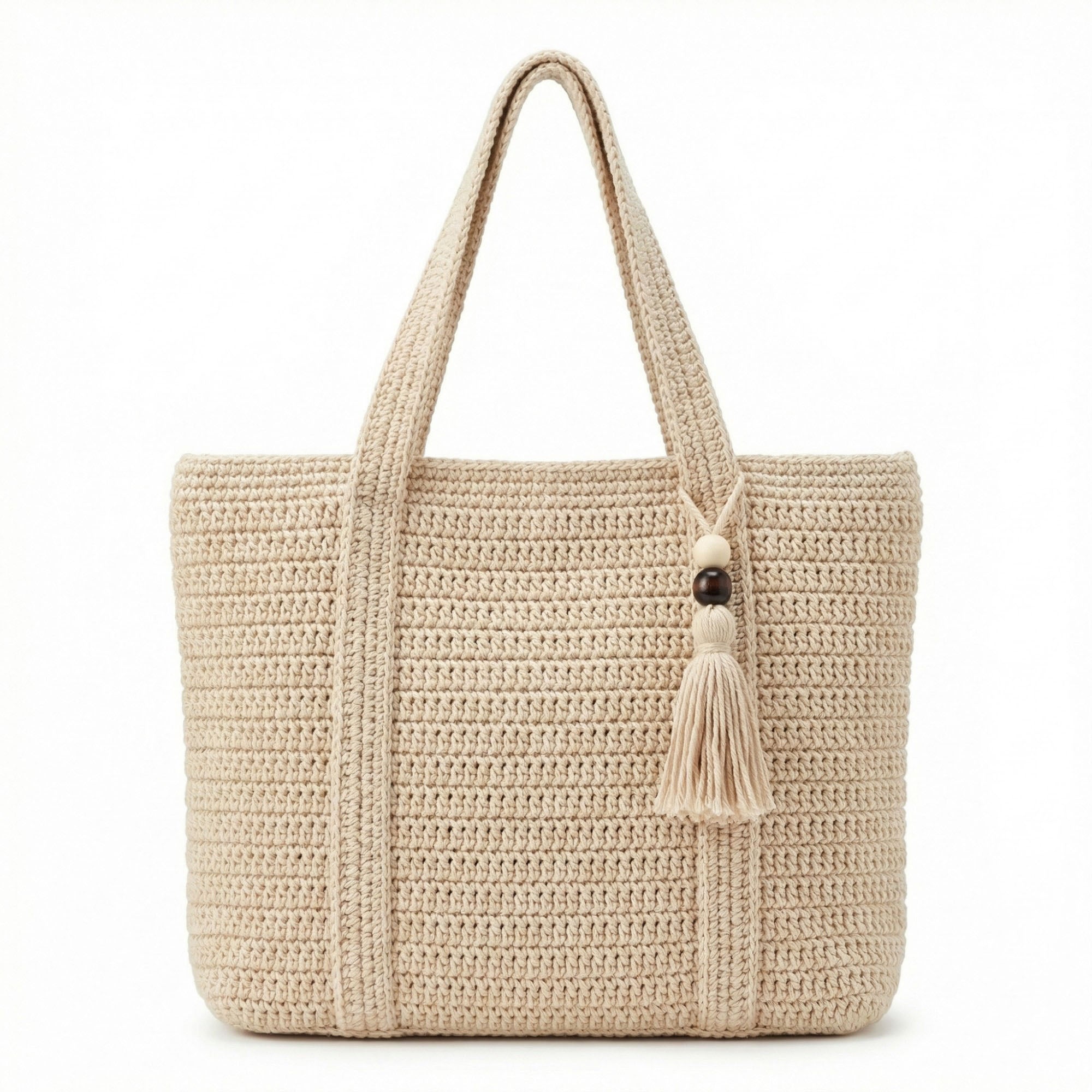 Anna-Kaci Women's Crochet Tote Bag Structured Shape Dual Shoulder Straps Tassel Accent Detail