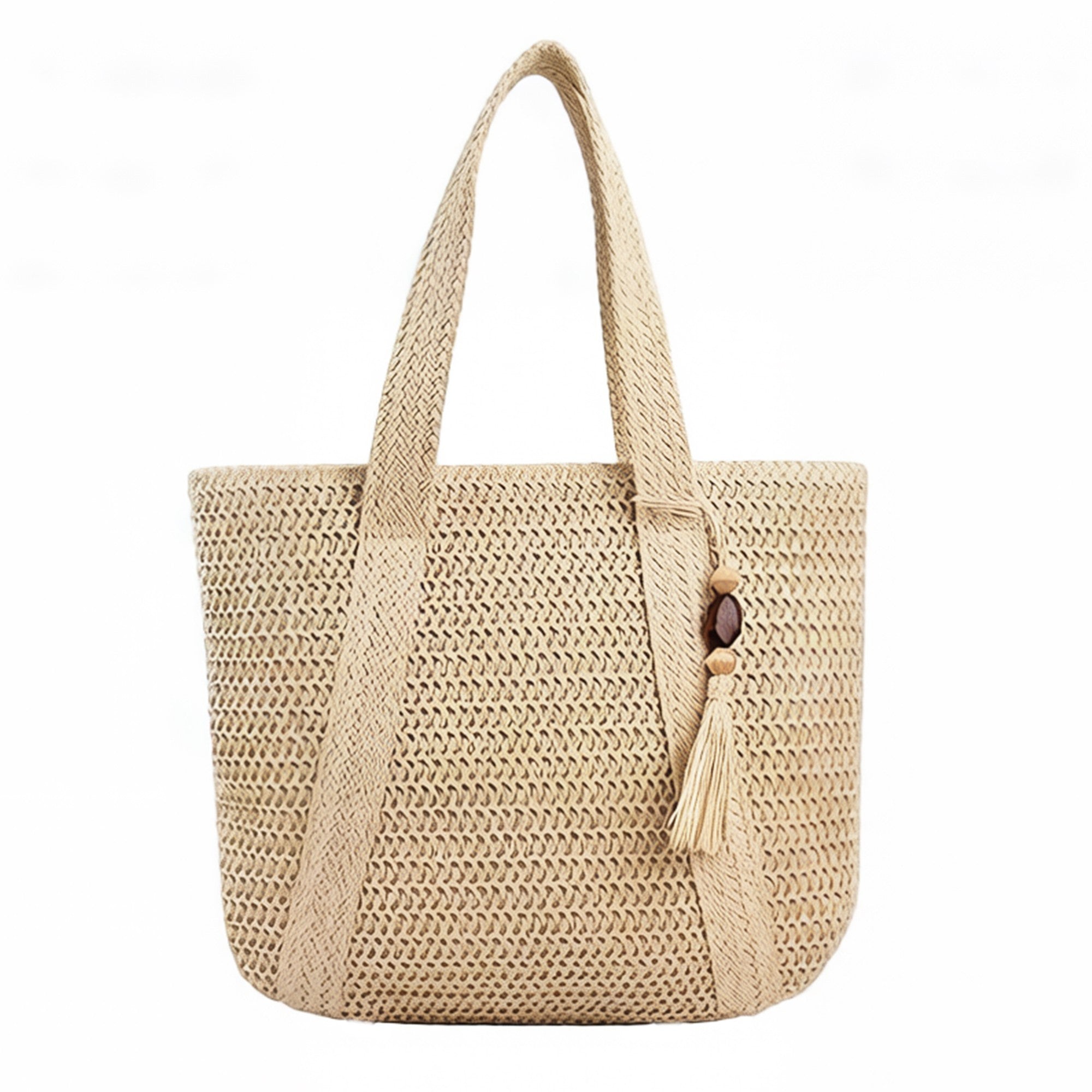 Anna-Kaci Women's Crochet Tote Bag Structured Shape Dual Shoulder Straps Tassel Accent Detail