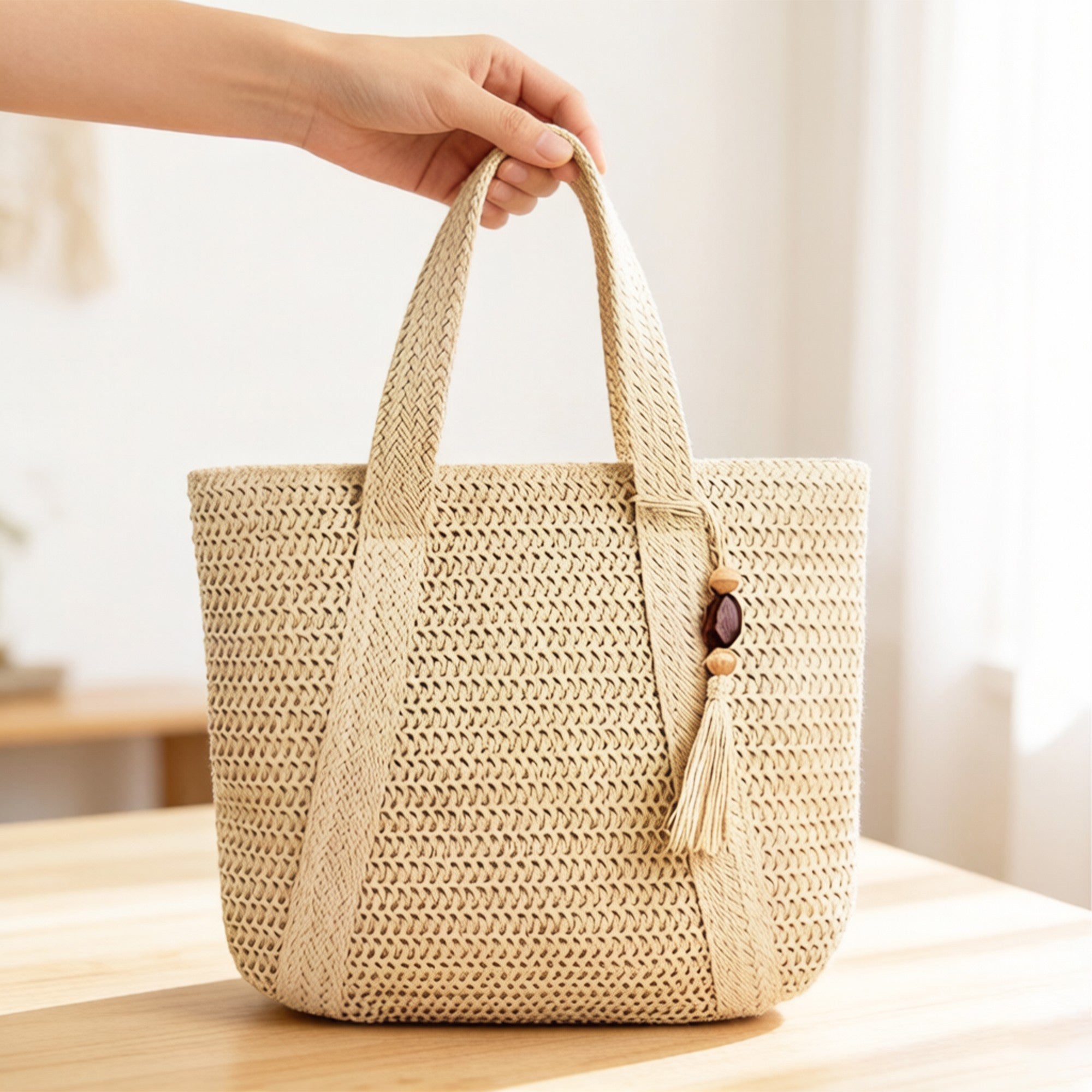 Anna-Kaci Women's Crochet Tote Bag Structured Shape Dual Shoulder Straps Tassel Accent Detail