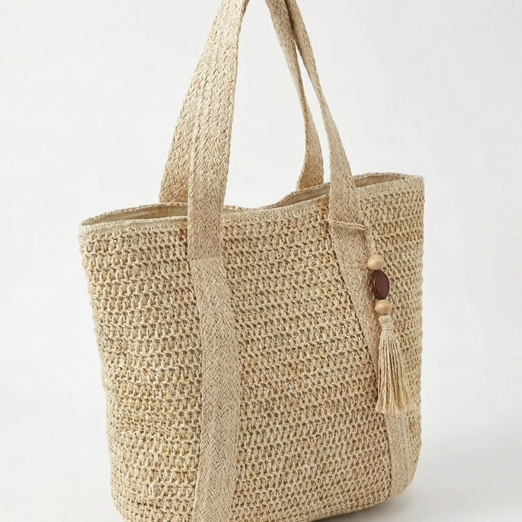Anna-Kaci Women's Crochet Tote Bag Structured Shape Dual Shoulder Straps Tassel Accent Detail