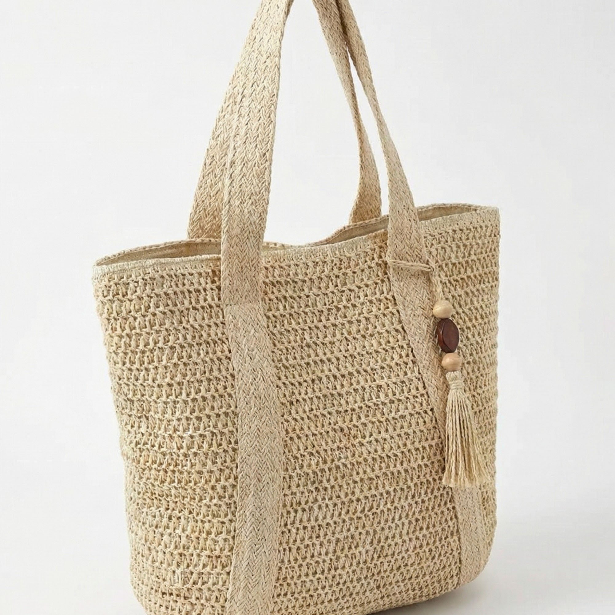 Anna-Kaci Women's Crochet Tote Bag Structured Shape Dual Shoulder Straps Tassel Accent Detail