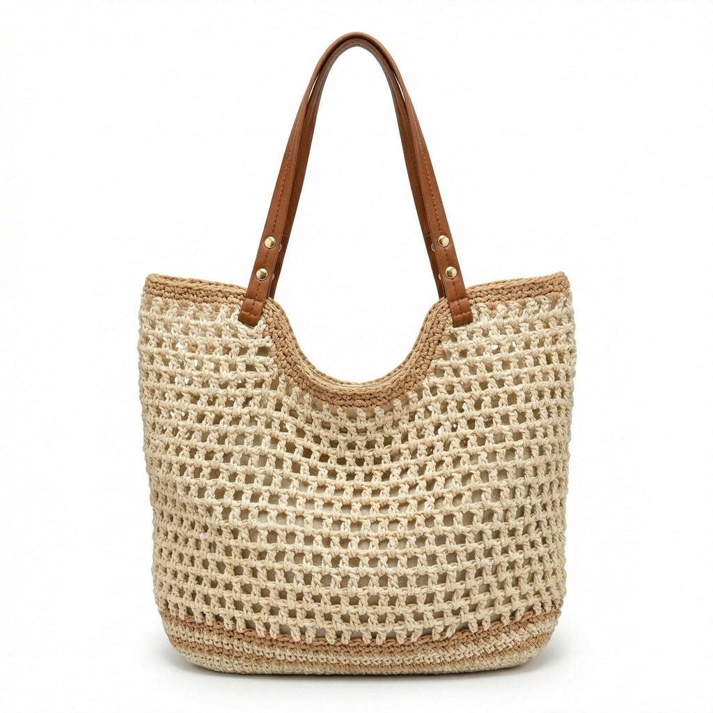 Anna-Kaci Women's Crochet Tote Bag Open Knit Design Dual Shoulder Straps Slouchy Structured Shape
