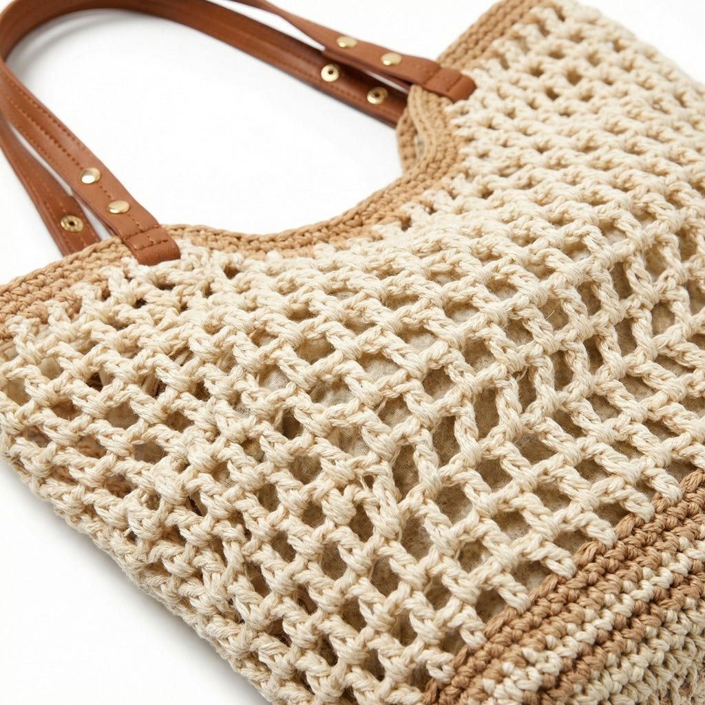 Anna-Kaci Women's Crochet Tote Bag Open Knit Design Dual Shoulder Straps Slouchy Structured Shape