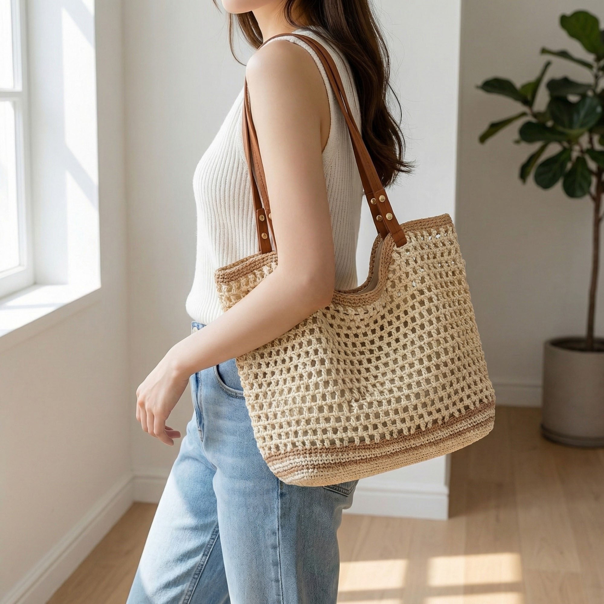 Anna-Kaci Women's Crochet Tote Bag Open Knit Design Dual Shoulder Straps Slouchy Structured Shape