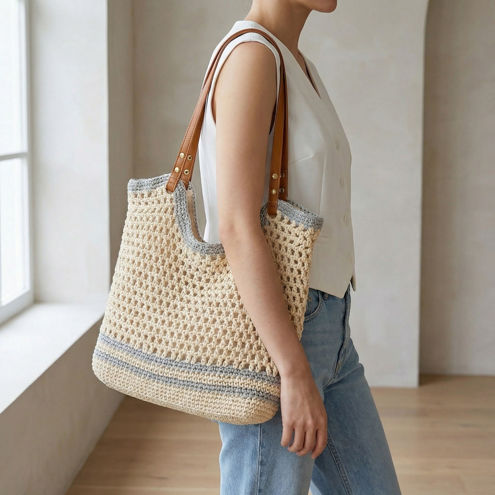 Anna-Kaci Women's Crochet Tote Bag Open Knit Design Dual Shoulder Straps Slouchy Structured Shape