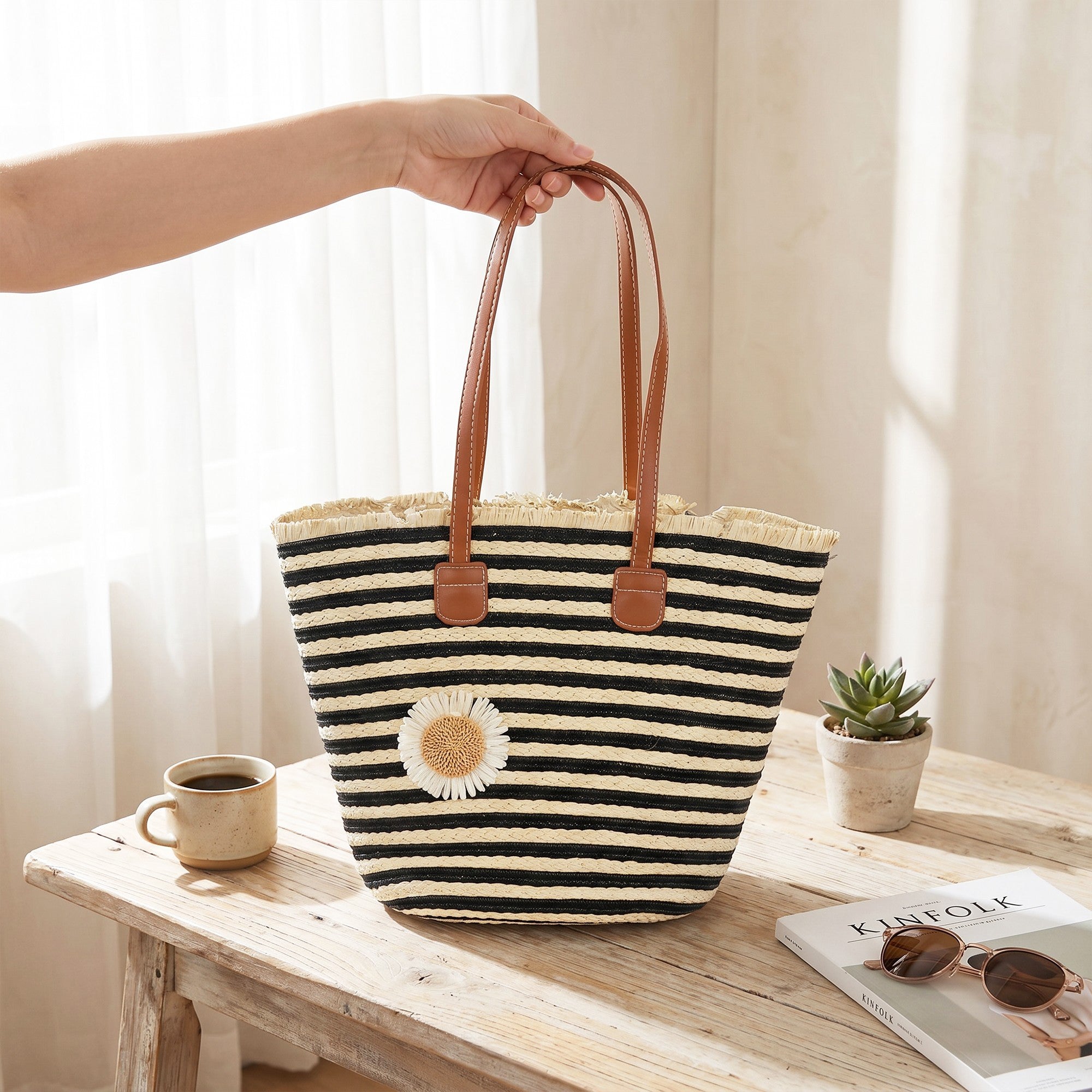 Anna-Kaci Women's Striped Woven Tote Bag Dual Shoulder Straps Frayed Edge Trim Detail