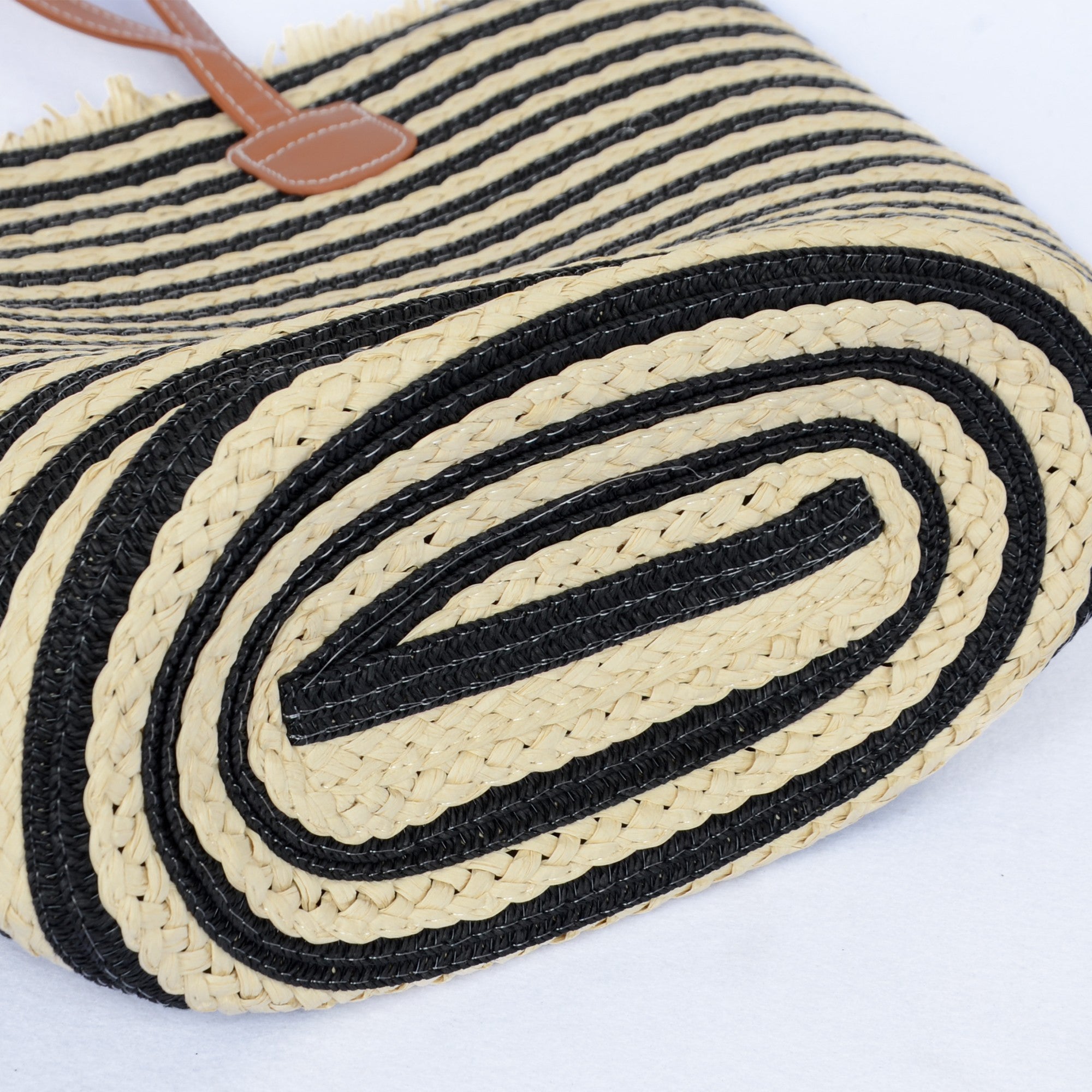 Anna-Kaci Women's Striped Woven Tote Bag Dual Shoulder Straps Frayed Edge Trim Detail