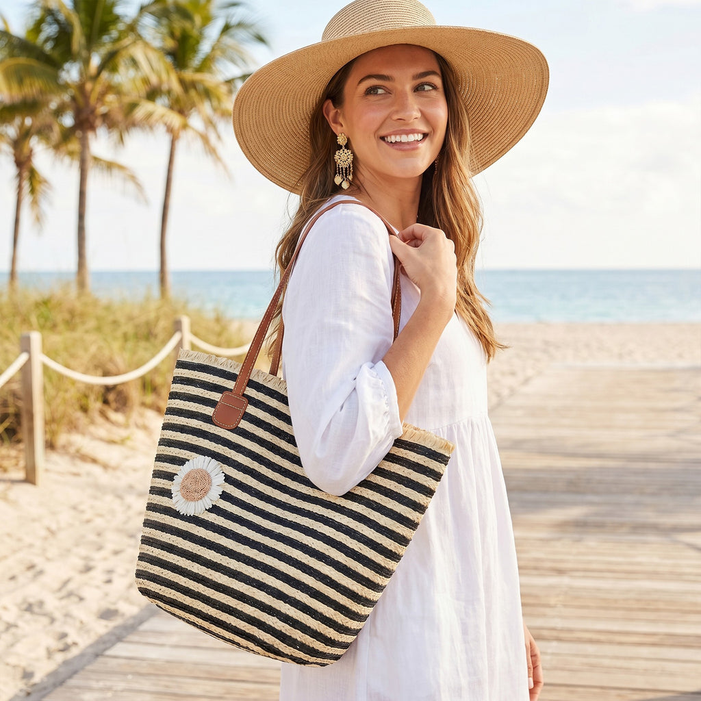 Anna-Kaci Women's Striped Woven Tote Bag Dual Shoulder Straps Frayed Edge Trim Detail