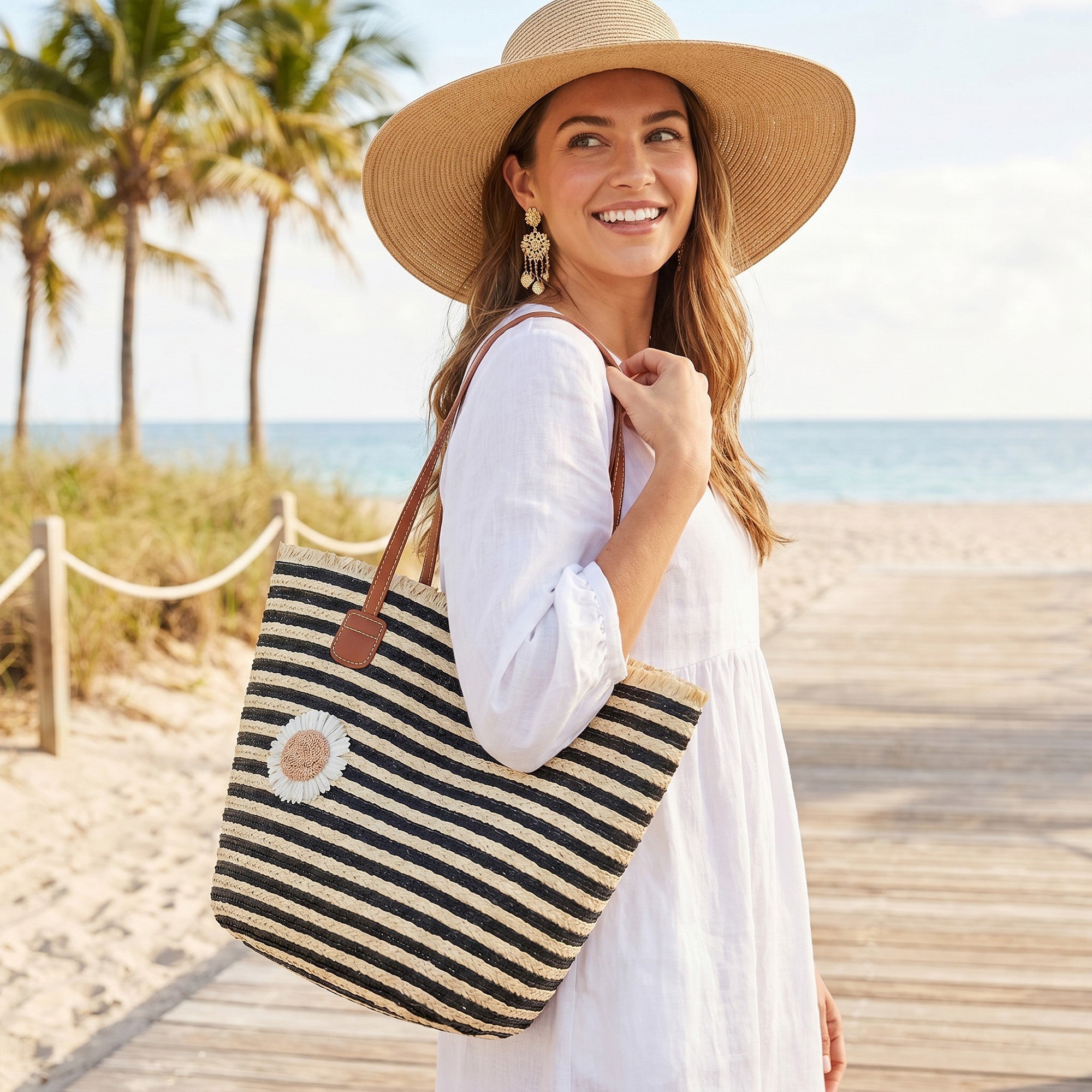 Anna-Kaci Women's Striped Woven Tote Bag Dual Shoulder Straps Frayed Edge Trim Detail