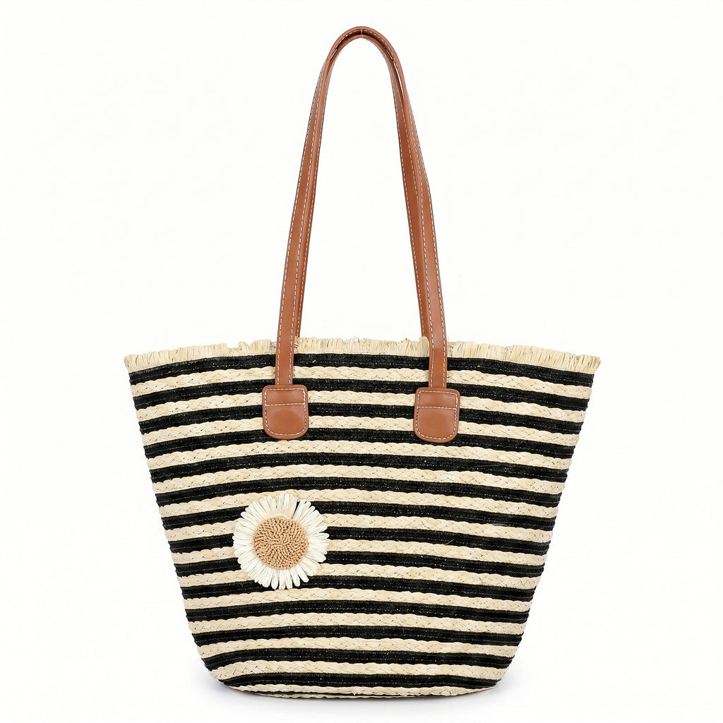 Anna-Kaci Women's Striped Woven Tote Bag Dual Shoulder Straps Frayed Edge Trim Detail