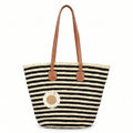 Anna-Kaci Women's Striped Woven Tote Bag Dual Shoulder Straps Frayed Edge Trim Detail