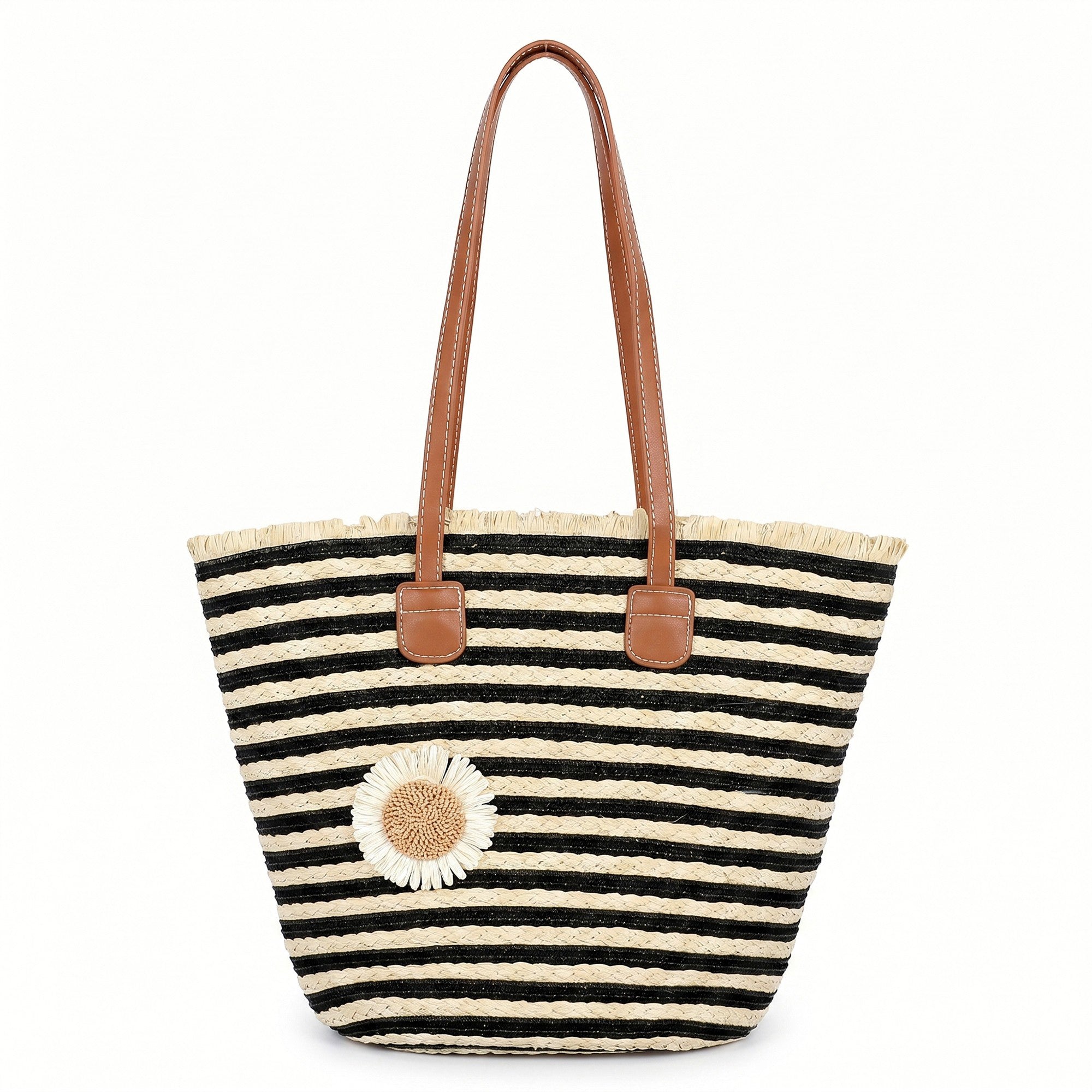 Anna-Kaci Women's Striped Woven Tote Bag Dual Shoulder Straps Frayed Edge Trim Detail