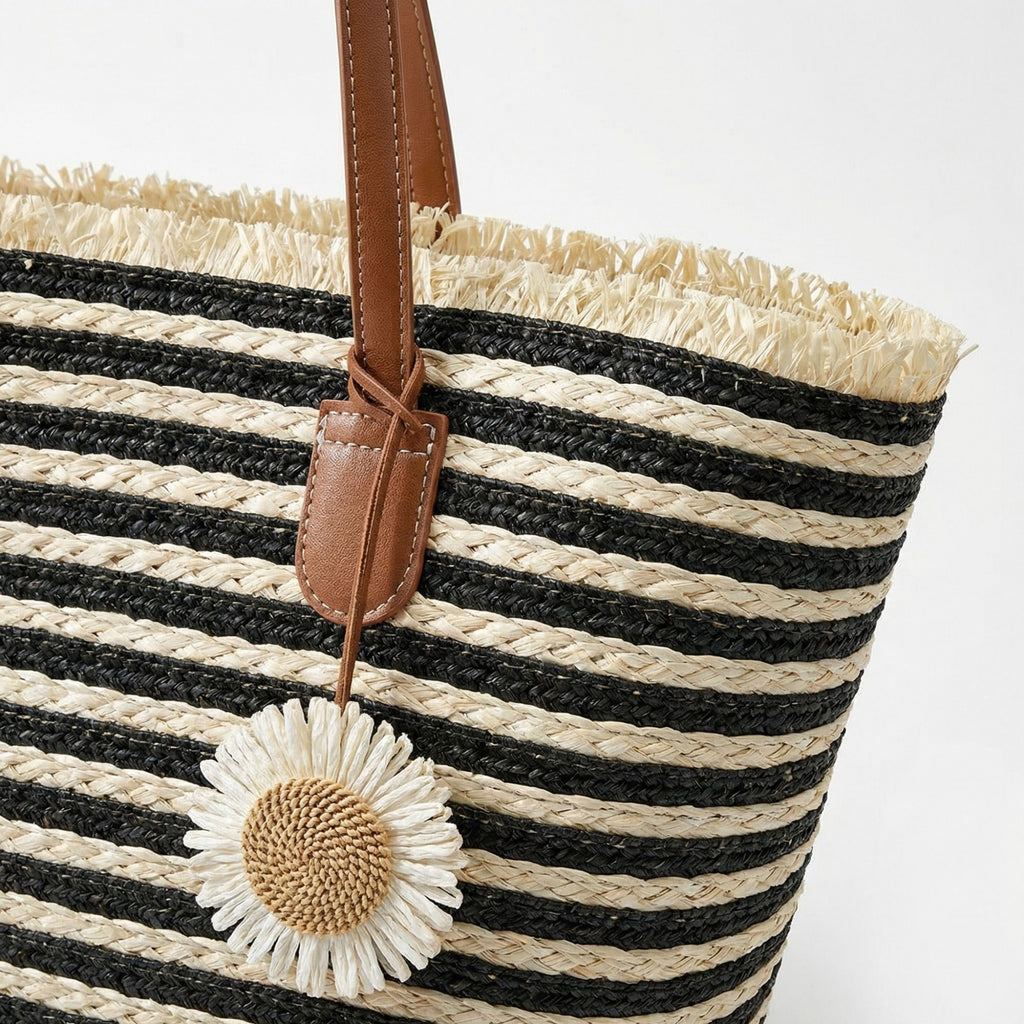 Anna-Kaci Women's Striped Woven Tote Bag Dual Shoulder Straps Frayed Edge Trim Detail