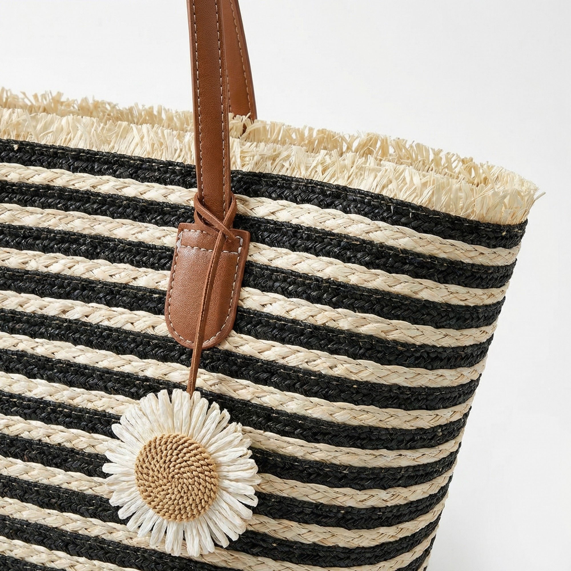 Anna-Kaci Women's Striped Woven Tote Bag Dual Shoulder Straps Frayed Edge Trim Detail