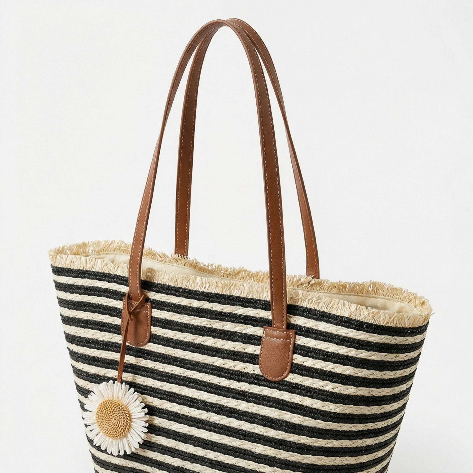 Anna-Kaci Women's Striped Woven Tote Bag Dual Shoulder Straps Frayed Edge Trim Detail