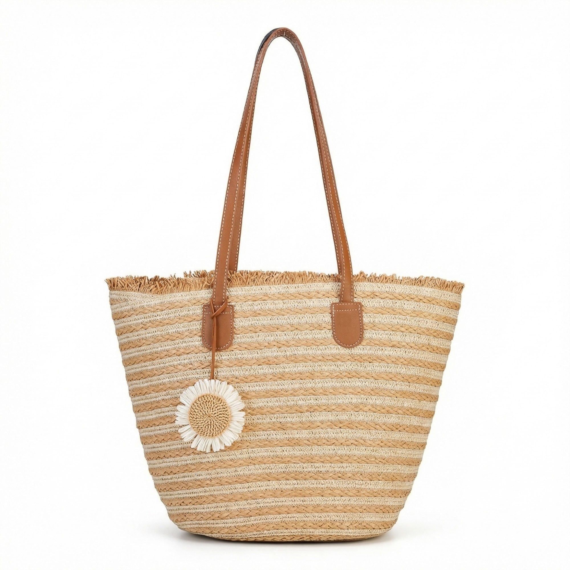 Anna-Kaci Women's Striped Woven Tote Bag Dual Shoulder Straps Frayed Edge Trim Detail