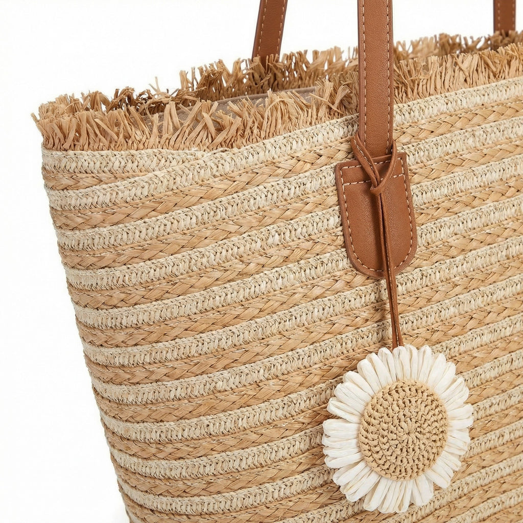 Anna-Kaci Women's Striped Woven Tote Bag Dual Shoulder Straps Frayed Edge Trim Detail