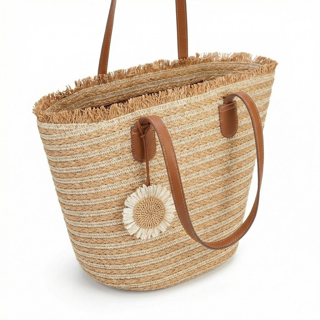 Anna-Kaci Women's Striped Woven Tote Bag Dual Shoulder Straps Frayed Edge Trim Detail