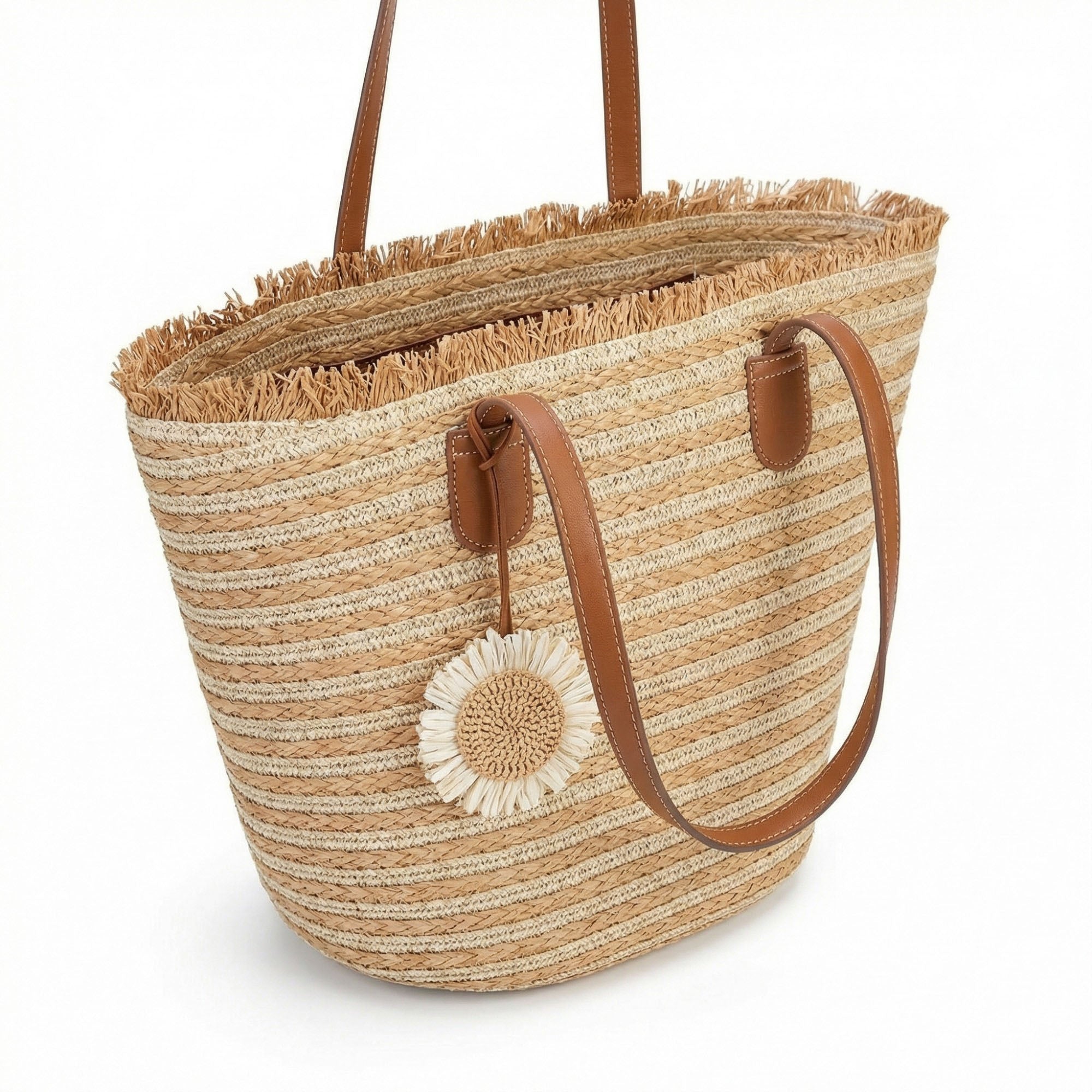Anna-Kaci Women's Striped Woven Tote Bag Dual Shoulder Straps Frayed Edge Trim Detail