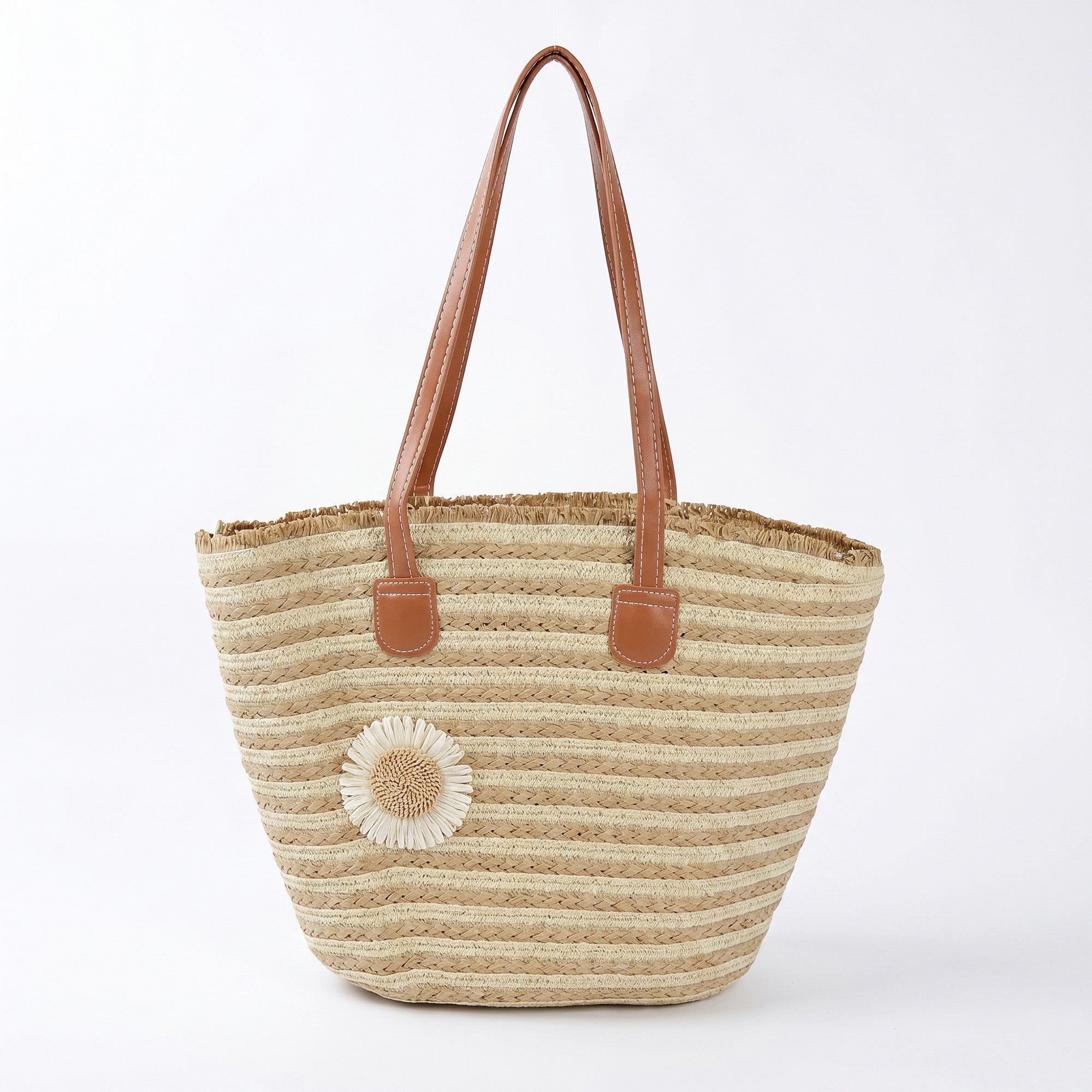 Anna-Kaci Women's Striped Woven Tote Bag Dual Shoulder Straps Frayed Edge Trim Detail