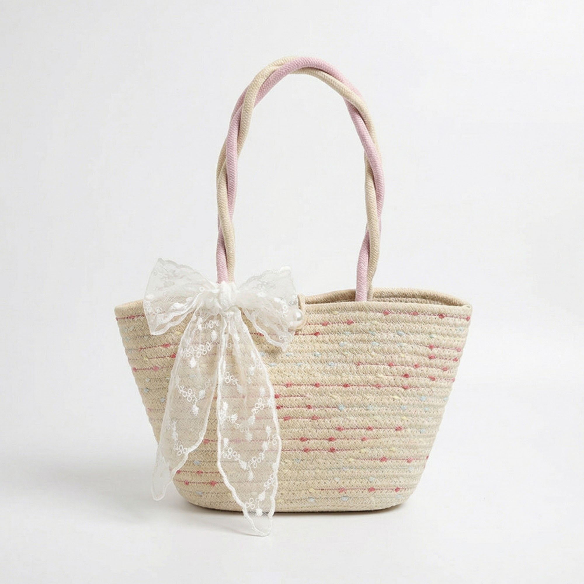 Anna-Kaci Women's Woven Straw Mini Tote Bag Lace Bow Accent Dual Top Handles Structured Design