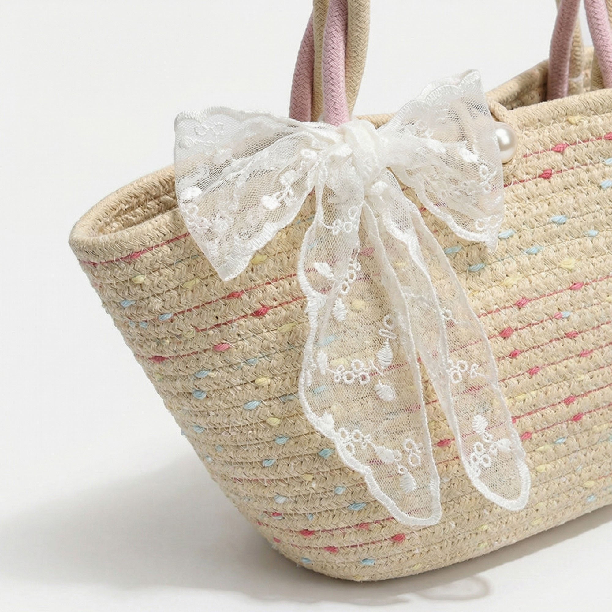 Anna-Kaci Women's Woven Straw Mini Tote Bag Lace Bow Accent Dual Top Handles Structured Design