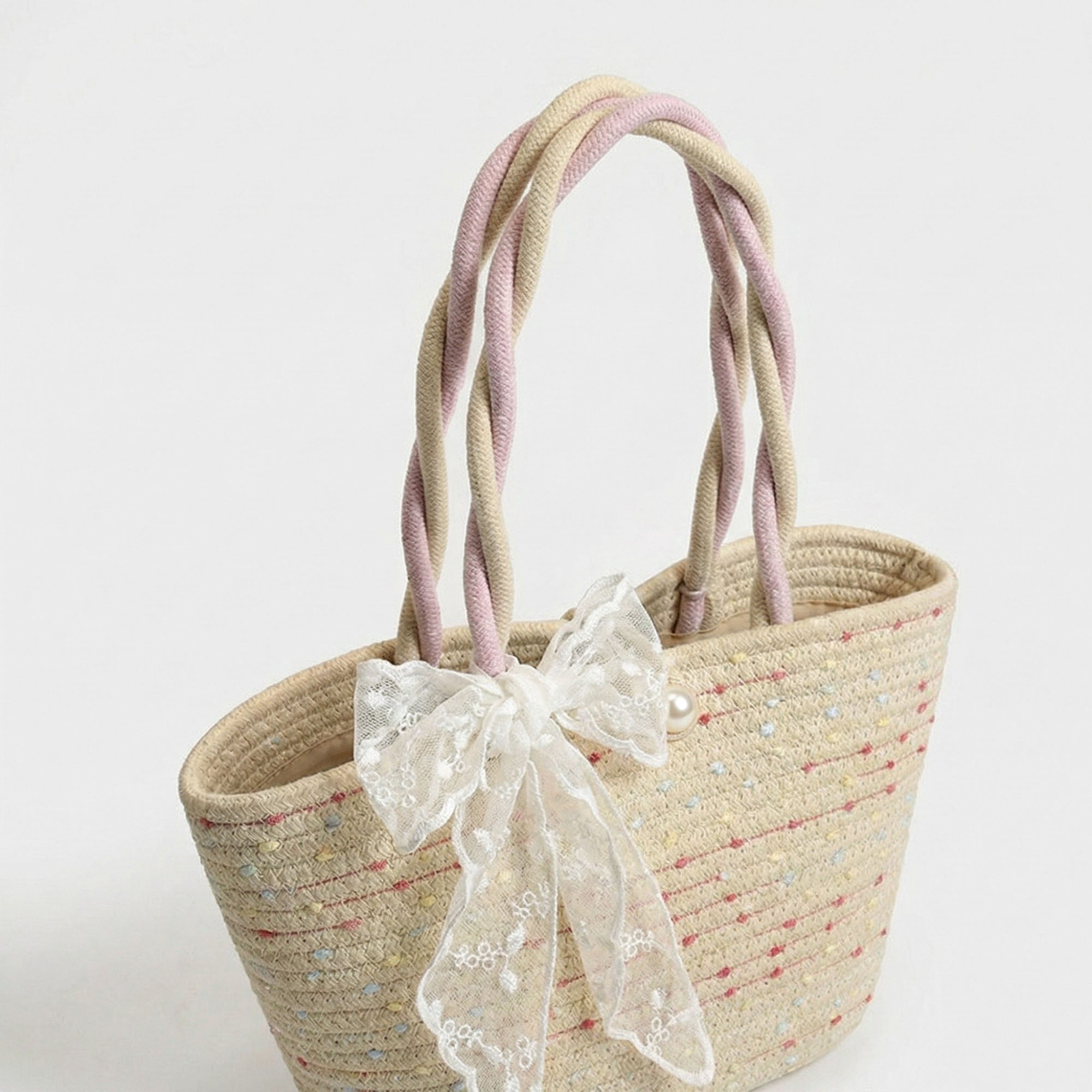 Anna-Kaci Women's Woven Straw Mini Tote Bag Lace Bow Accent Dual Top Handles Structured Design