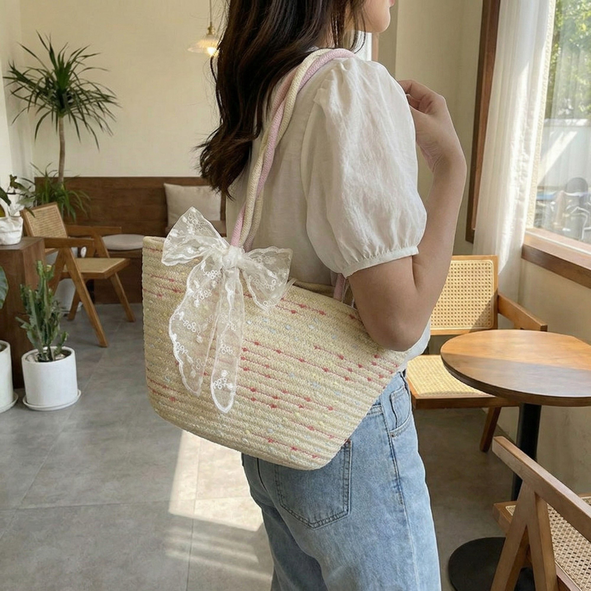Anna-Kaci Women's Woven Straw Mini Tote Bag Lace Bow Accent Dual Top Handles Structured Design