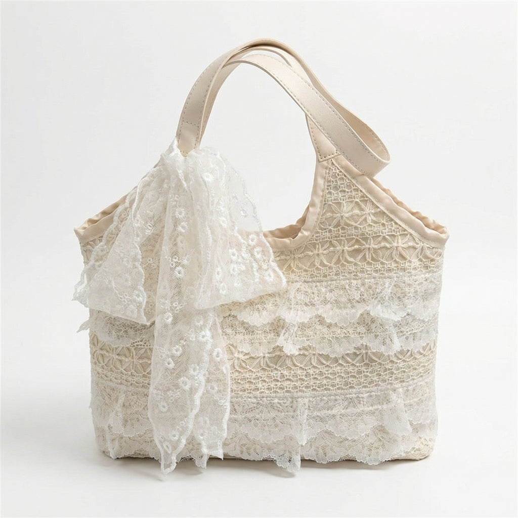 Anna-Kaci Women Lace Shoulder Tote Bag with Bow Detail Soft Structured Handbag