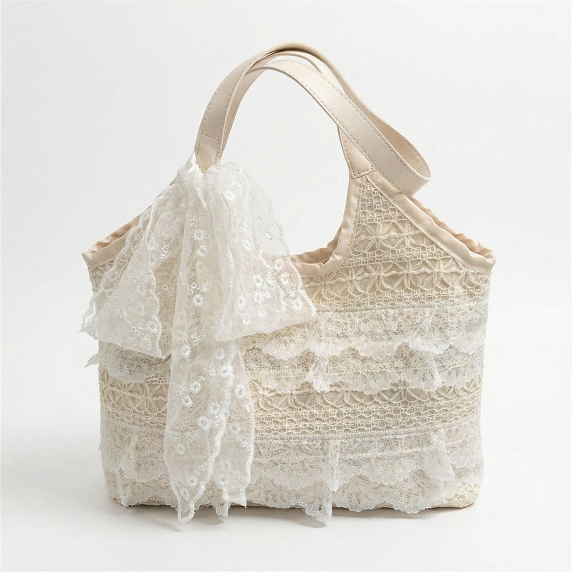 Anna-Kaci Women Lace Shoulder Tote Bag with Bow Detail Soft Structured Handbag