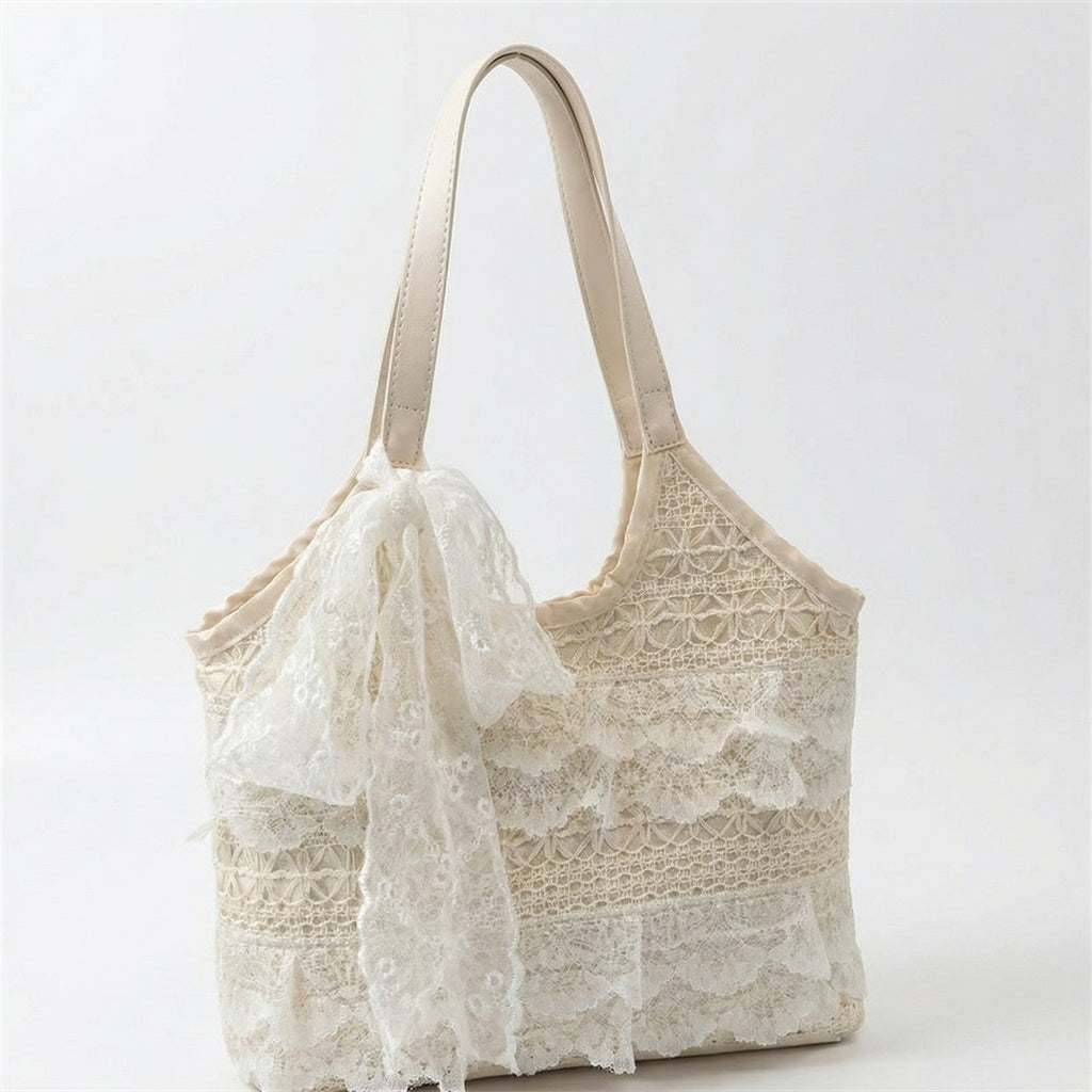 Anna-Kaci Women Lace Shoulder Tote Bag with Bow Detail Soft Structured Handbag