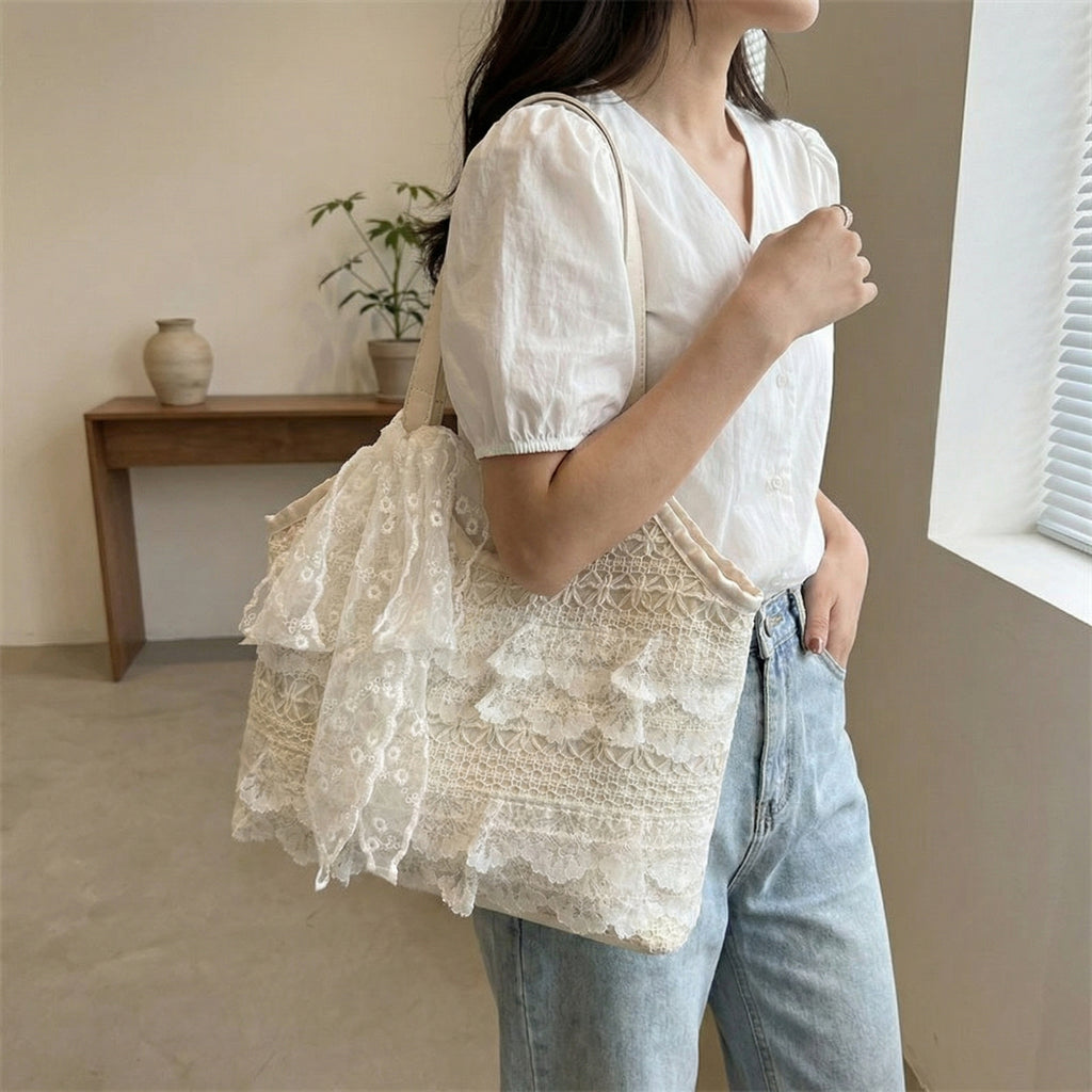 Anna-Kaci Women Lace Shoulder Tote Bag with Bow Detail Soft Structured Handbag