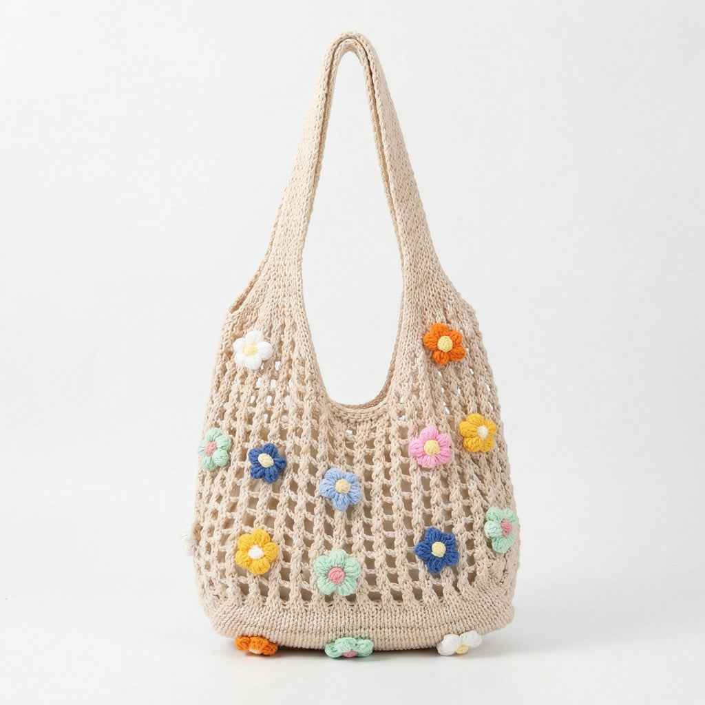 Anna-Kaci Women Crochet Shoulder Tote Bag Floral Applique Lightweight Slouchy Handbag