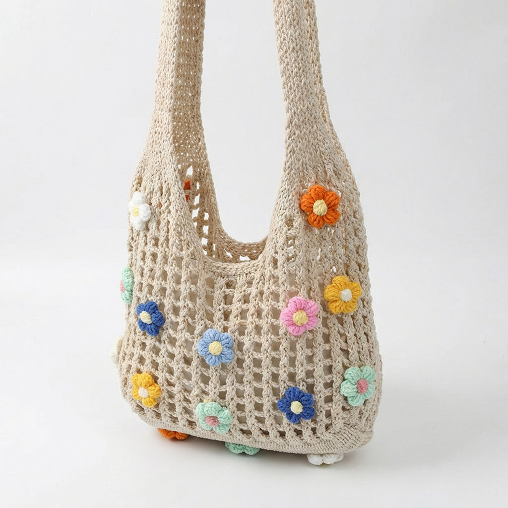Anna-Kaci Women Crochet Shoulder Tote Bag Floral Applique Lightweight Slouchy Handbag