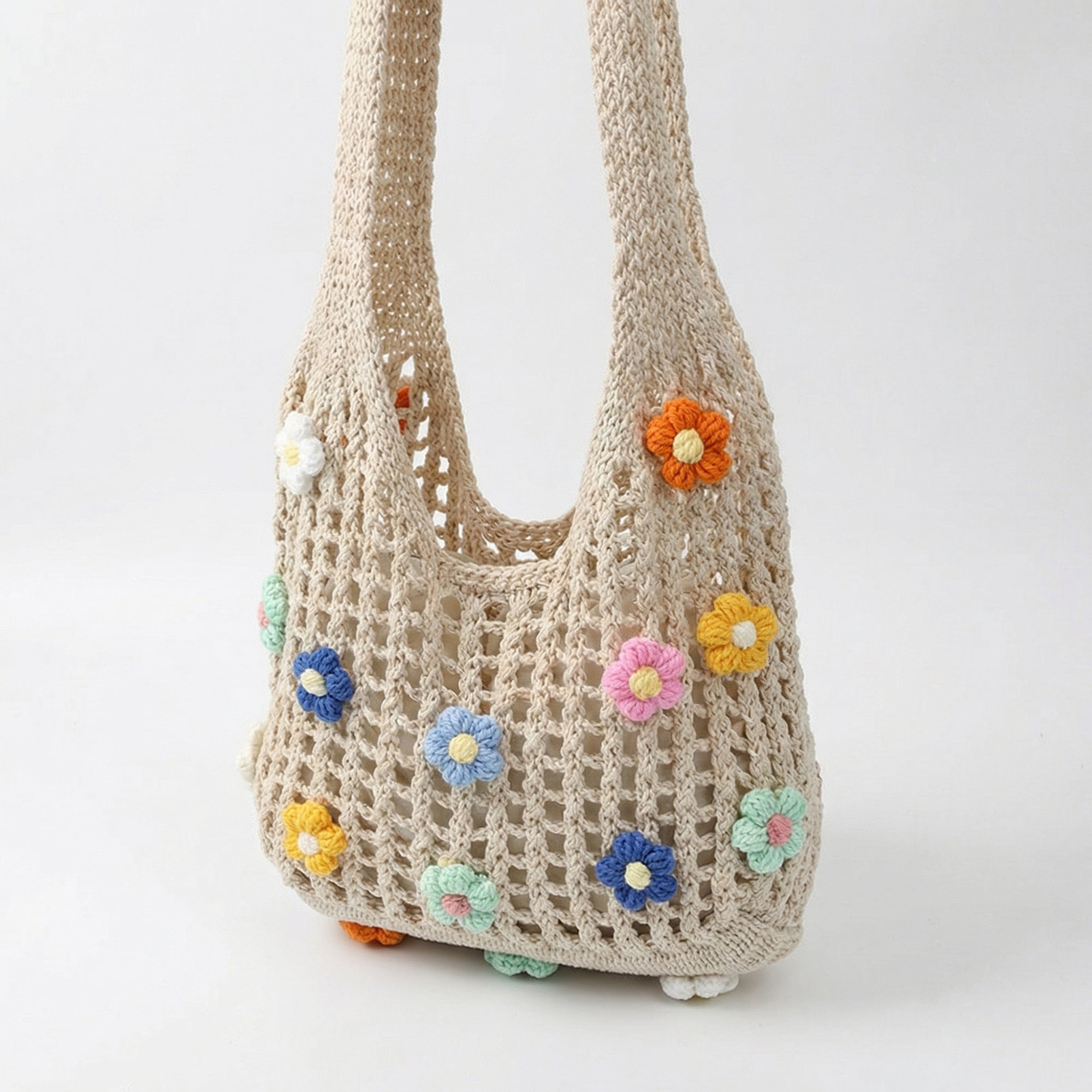 Anna-Kaci Women Crochet Shoulder Tote Bag Floral Applique Lightweight Slouchy Handbag