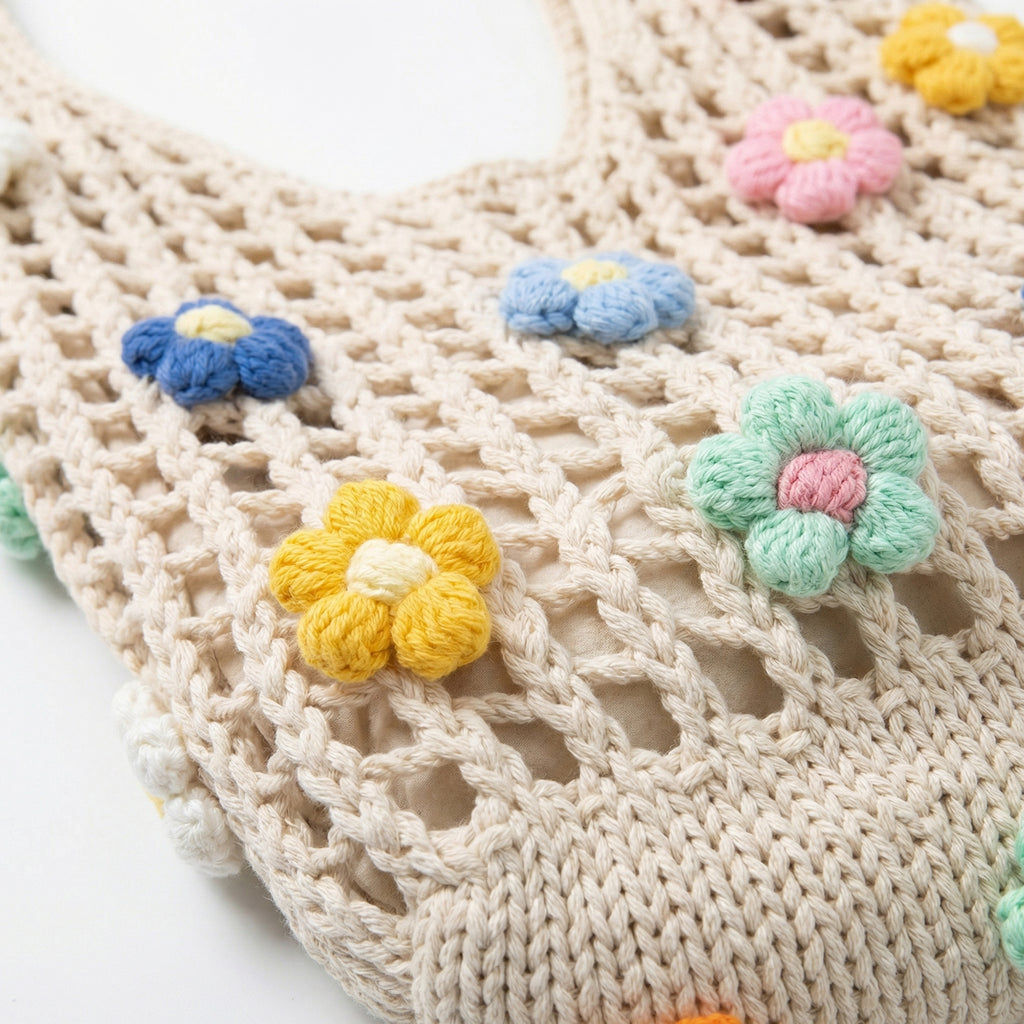 Anna-Kaci Women Crochet Shoulder Tote Bag Floral Applique Lightweight Slouchy Handbag