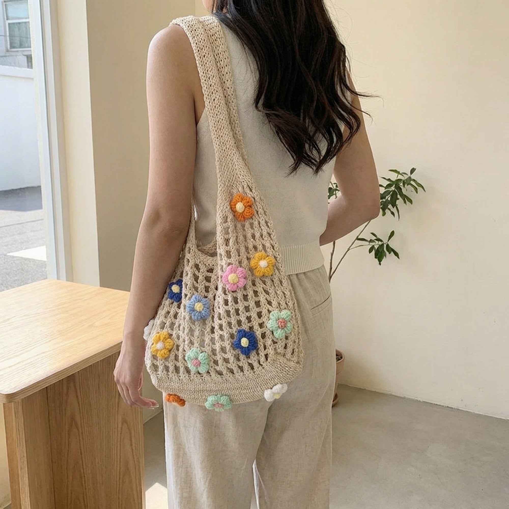 Anna-Kaci Women Crochet Shoulder Tote Bag Floral Applique Lightweight Slouchy Handbag