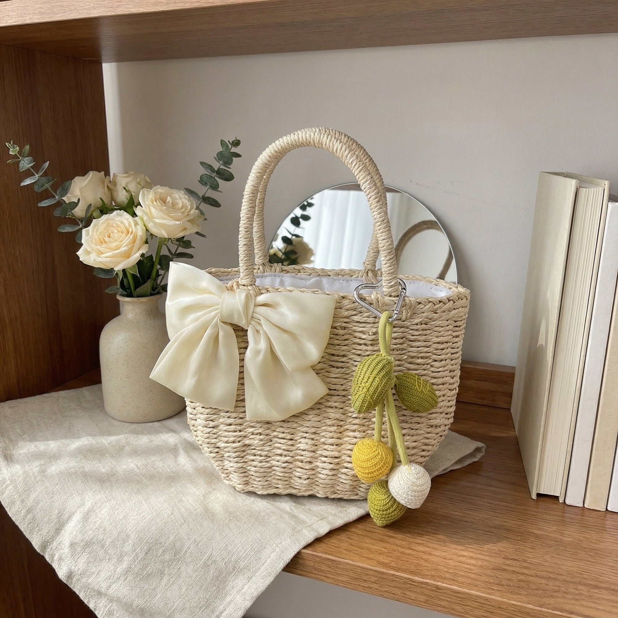 Anna-Kaci Women Straw Top Handle Tote Bag Bow Detail Drawstring Lining Summer Handbag