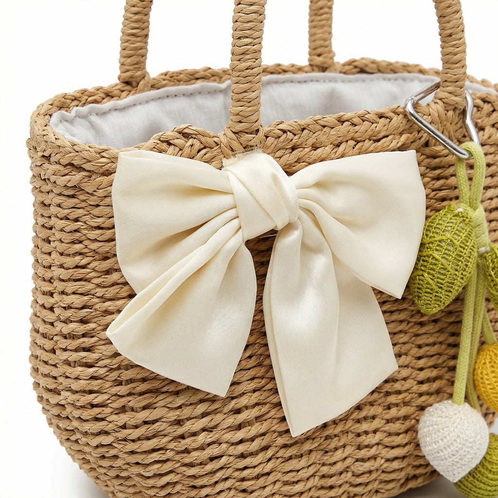 Anna-Kaci Women Straw Top Handle Tote Bag Bow Detail Drawstring Lining Summer Handbag