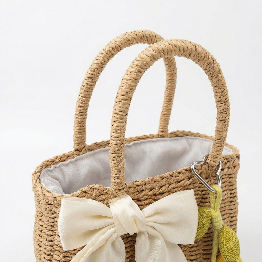 Anna-Kaci Women Straw Top Handle Tote Bag Bow Detail Drawstring Lining Summer Handbag