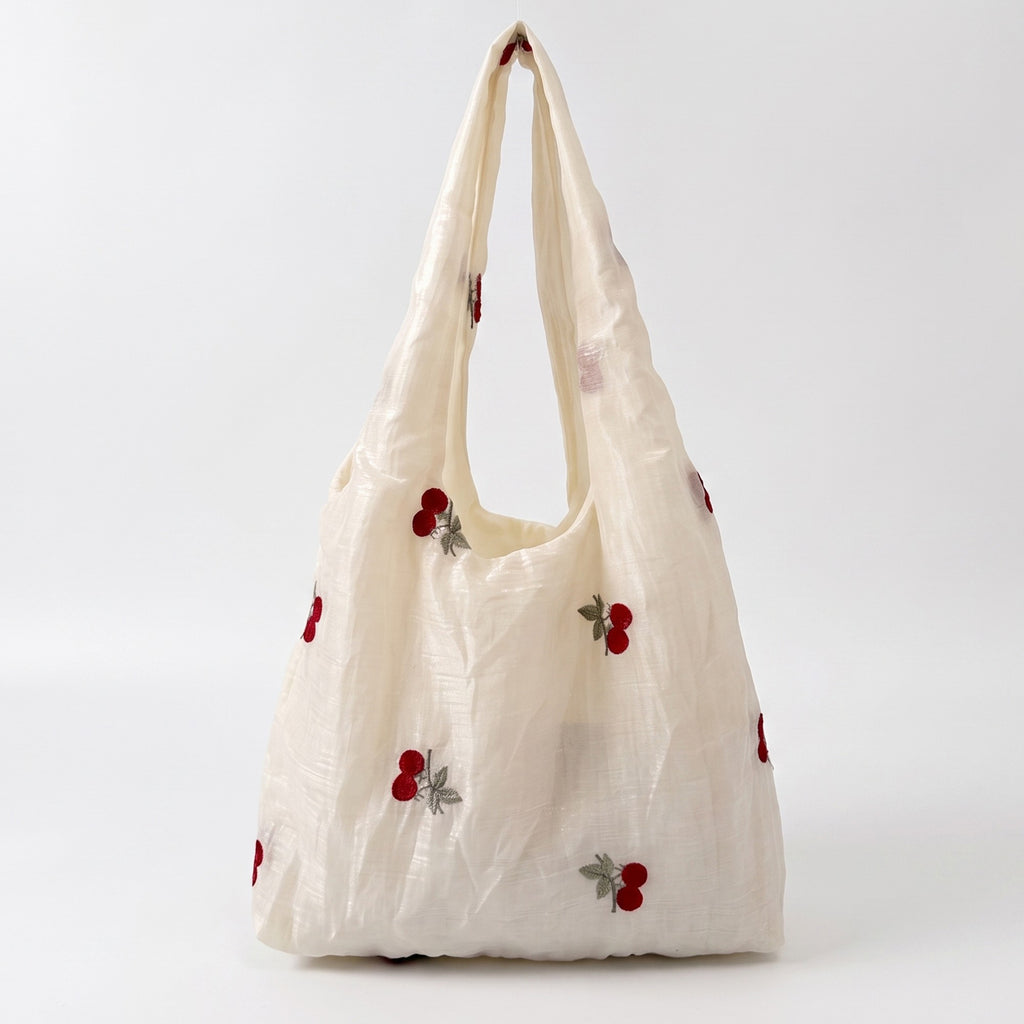 Anna-Kaci Women Embroidered Cherry Shoulder Tote Bag Lace Bow Detail Soft Slouchy Handbag