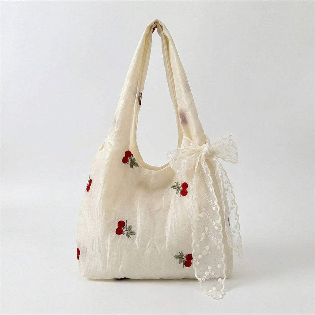 Anna-Kaci Women Embroidered Cherry Shoulder Tote Bag Lace Bow Detail Soft Slouchy Handbag