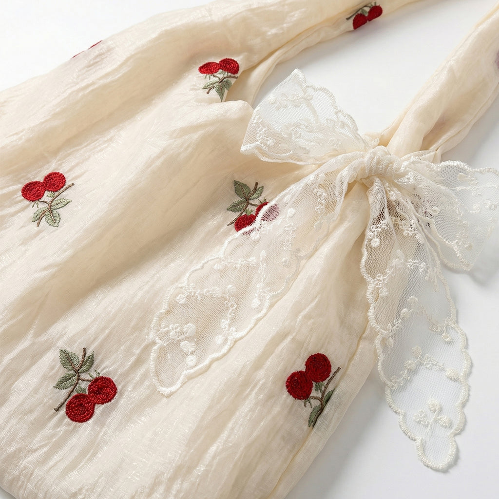 Anna-Kaci Women Embroidered Cherry Shoulder Tote Bag Lace Bow Detail Soft Slouchy Handbag