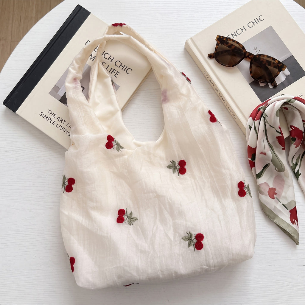 Anna-Kaci Women Embroidered Cherry Shoulder Tote Bag Lace Bow Detail Soft Slouchy Handbag