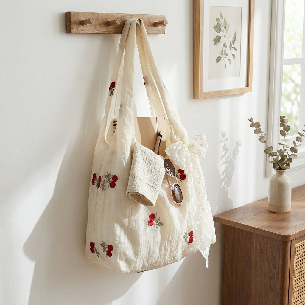 Anna-Kaci Women Embroidered Cherry Shoulder Tote Bag Lace Bow Detail Soft Slouchy Handbag