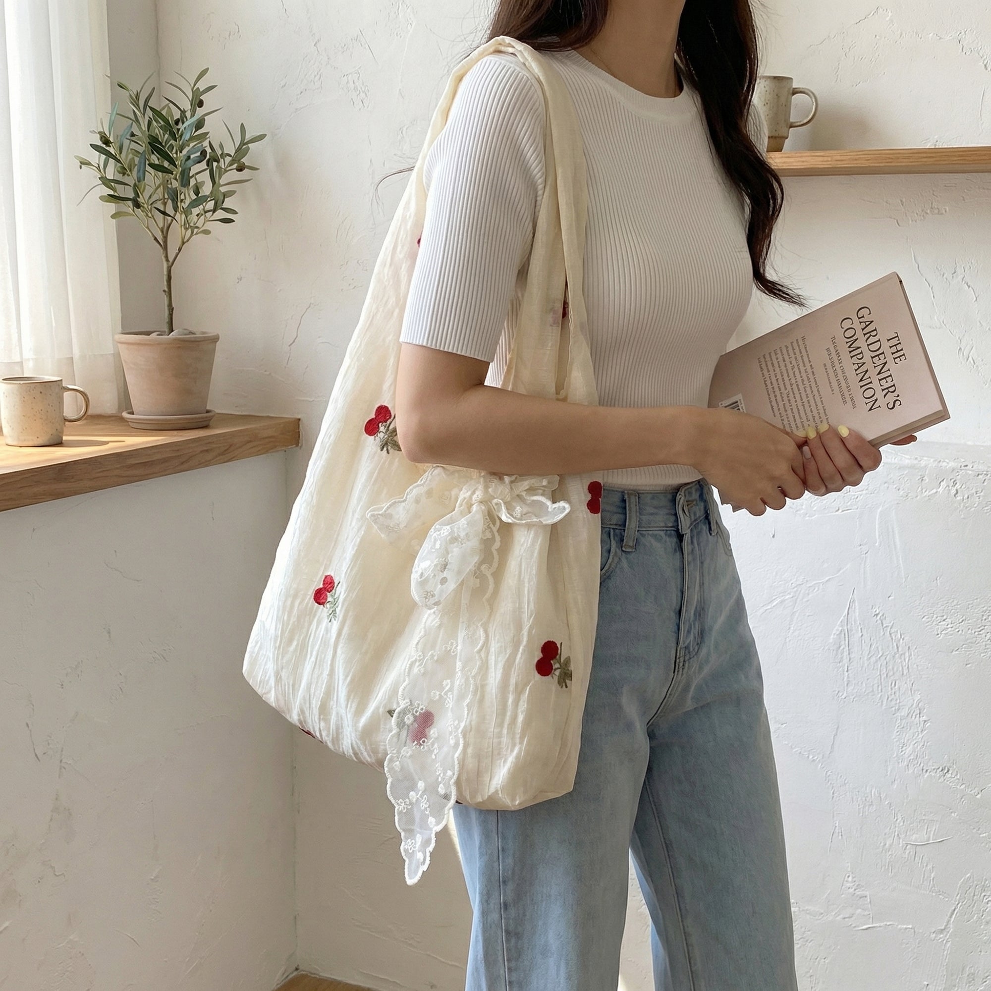 Anna-Kaci Women Embroidered Cherry Shoulder Tote Bag Lace Bow Detail Soft Slouchy Handbag