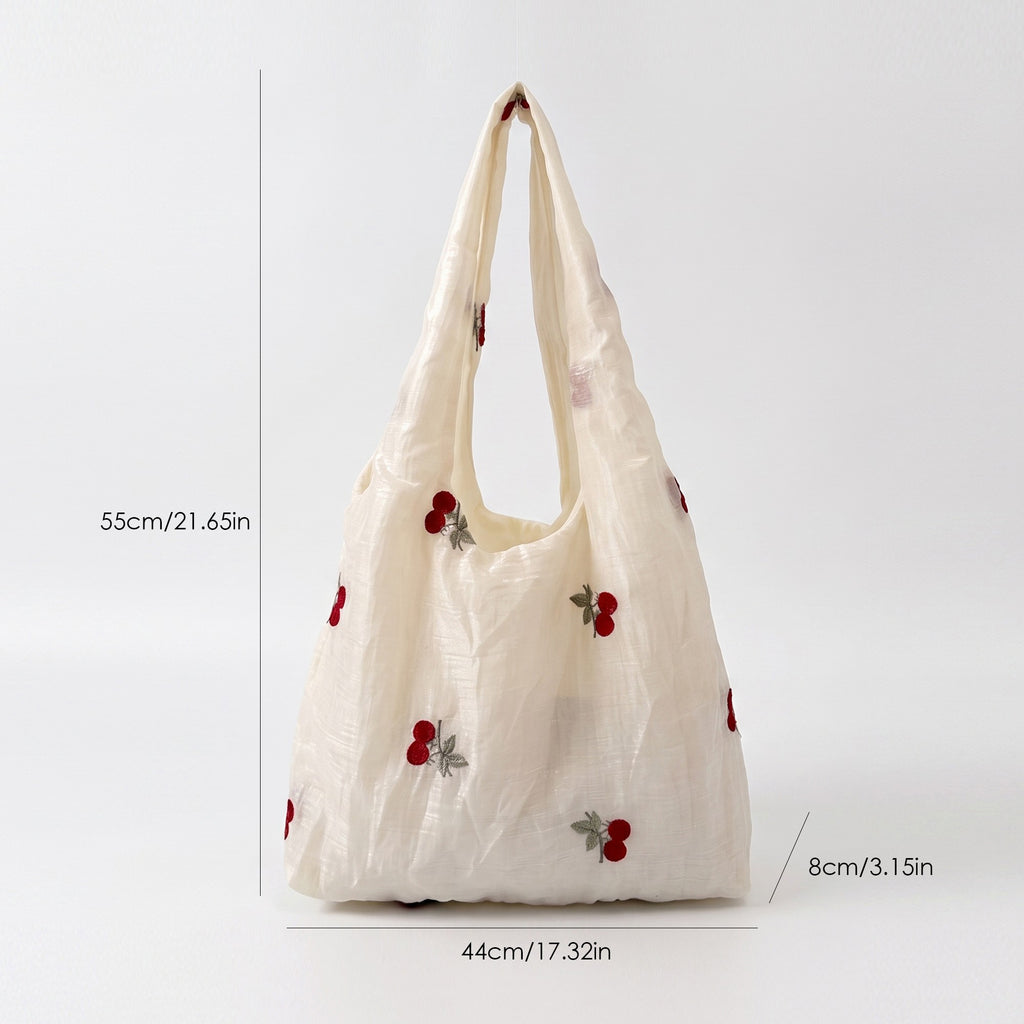 Anna-Kaci Women Embroidered Cherry Shoulder Tote Bag Lace Bow Detail Soft Slouchy Handbag