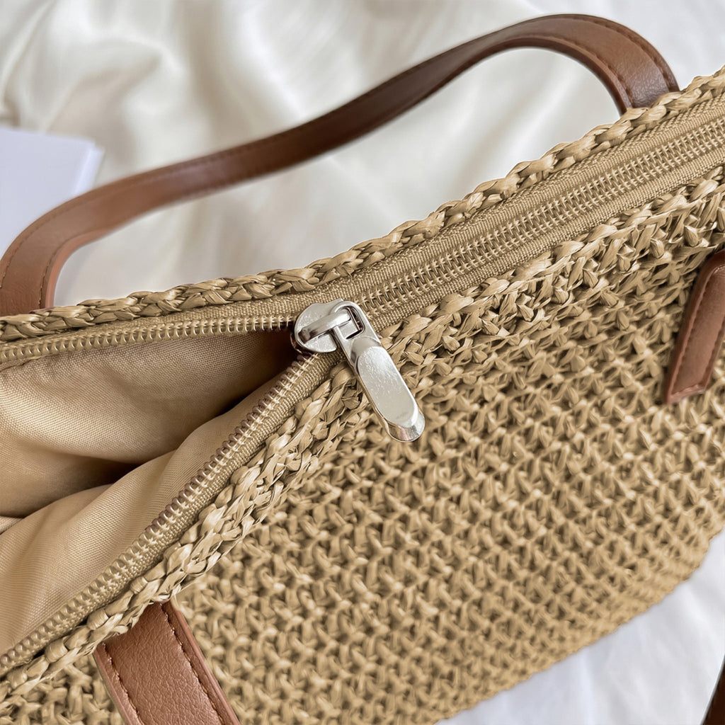 Woven Straw Tote Bag with Leather Shoulder Straps Lightweight Crochet Knit Large Capacity Bag
